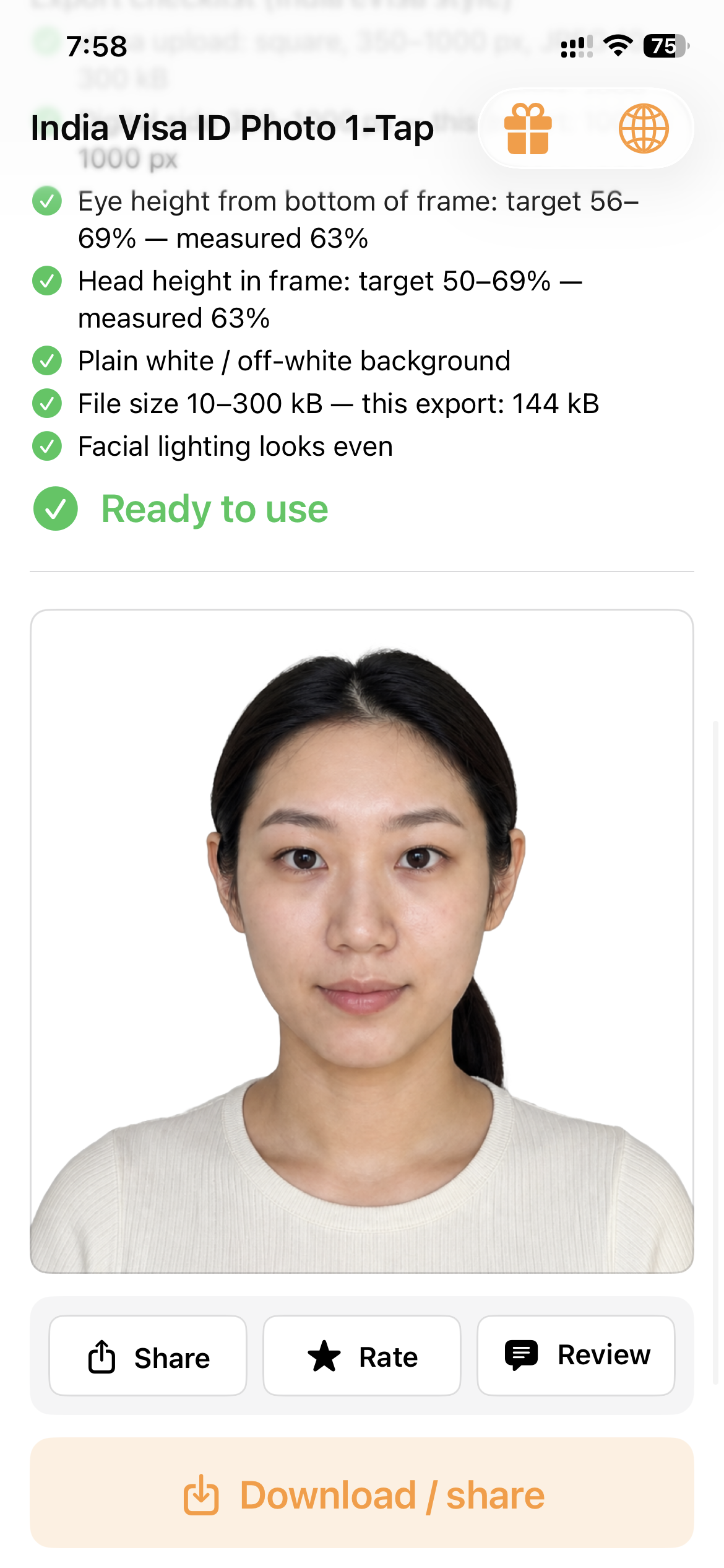 The same photo in the India Visa ID Photo 1-Tap app: background removed, cropped, compliance checklist passed, marked Ready to use
