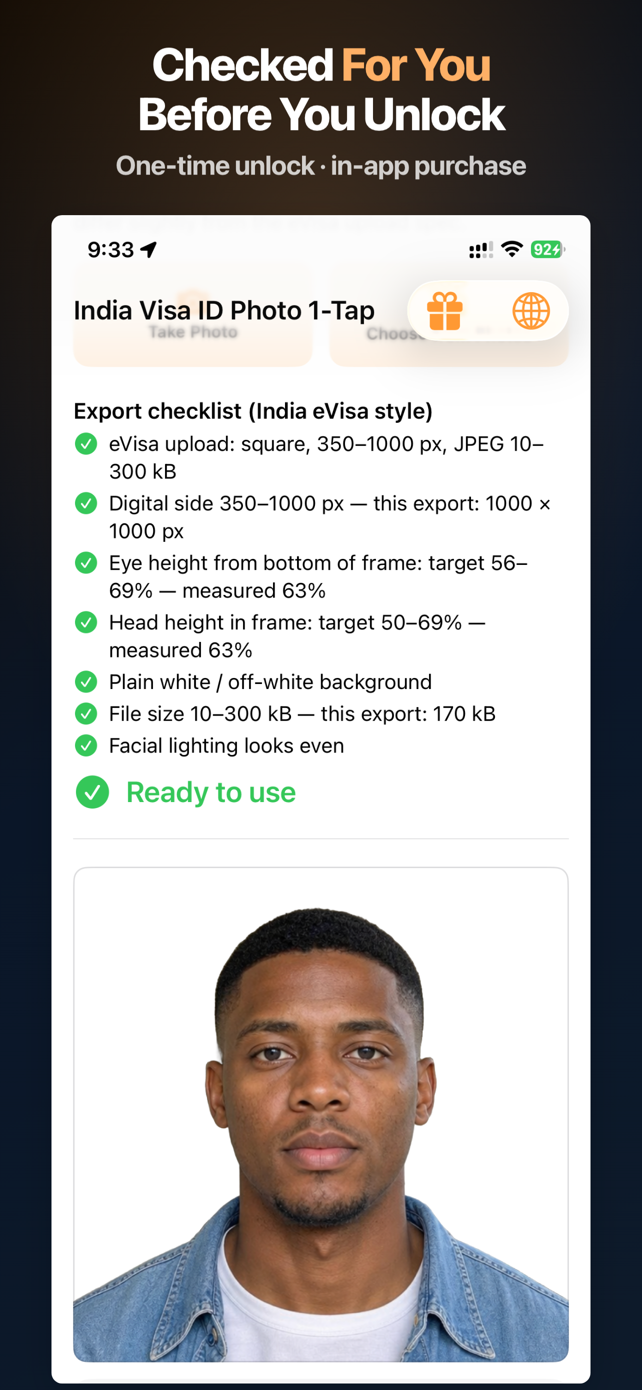 India Visa Photo App Store screen showing the e-Visa export checklist before unlock