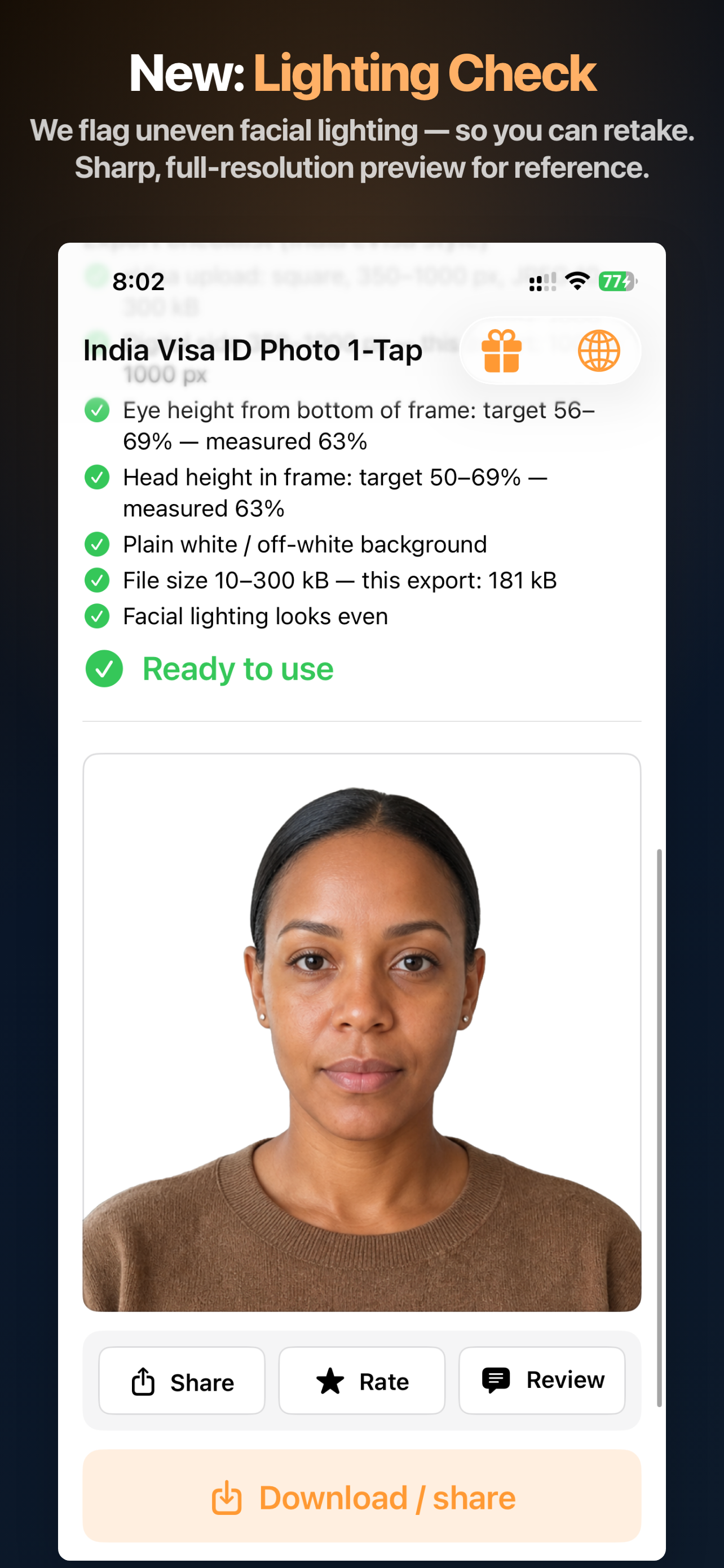 India Visa Photo App Store screen showing the lighting check before export