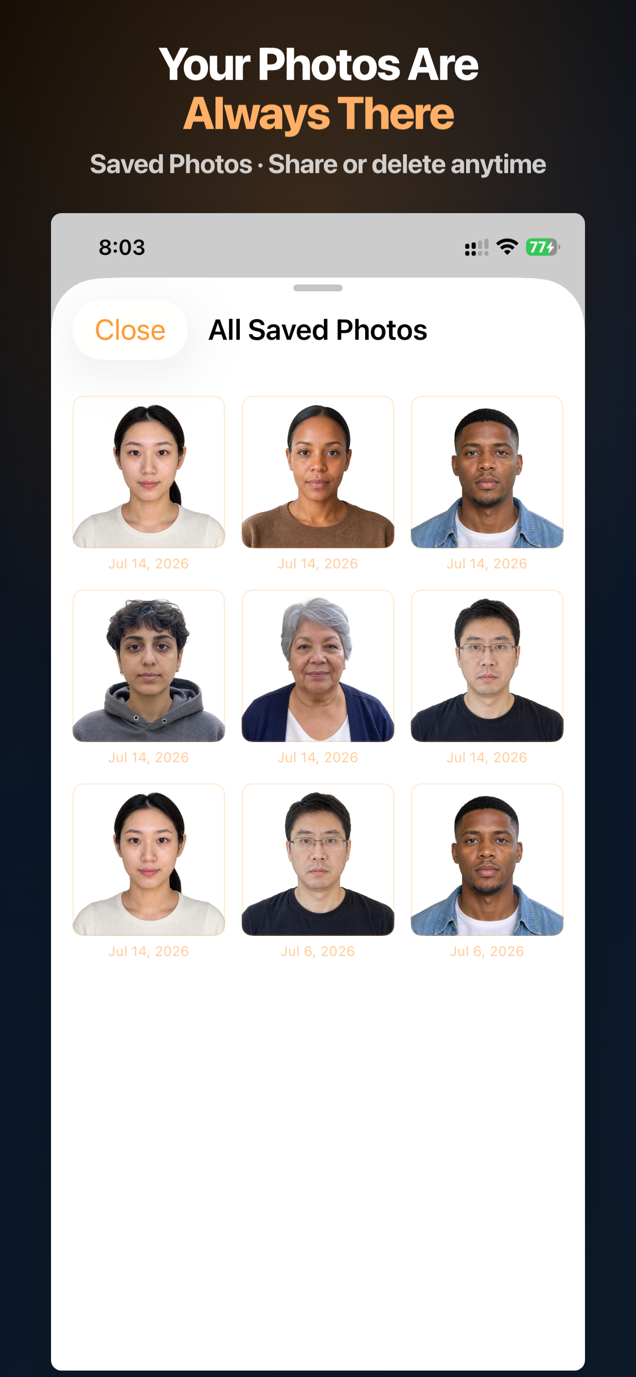 India Visa Photo App Store screen showing Saved Photos on this iPhone