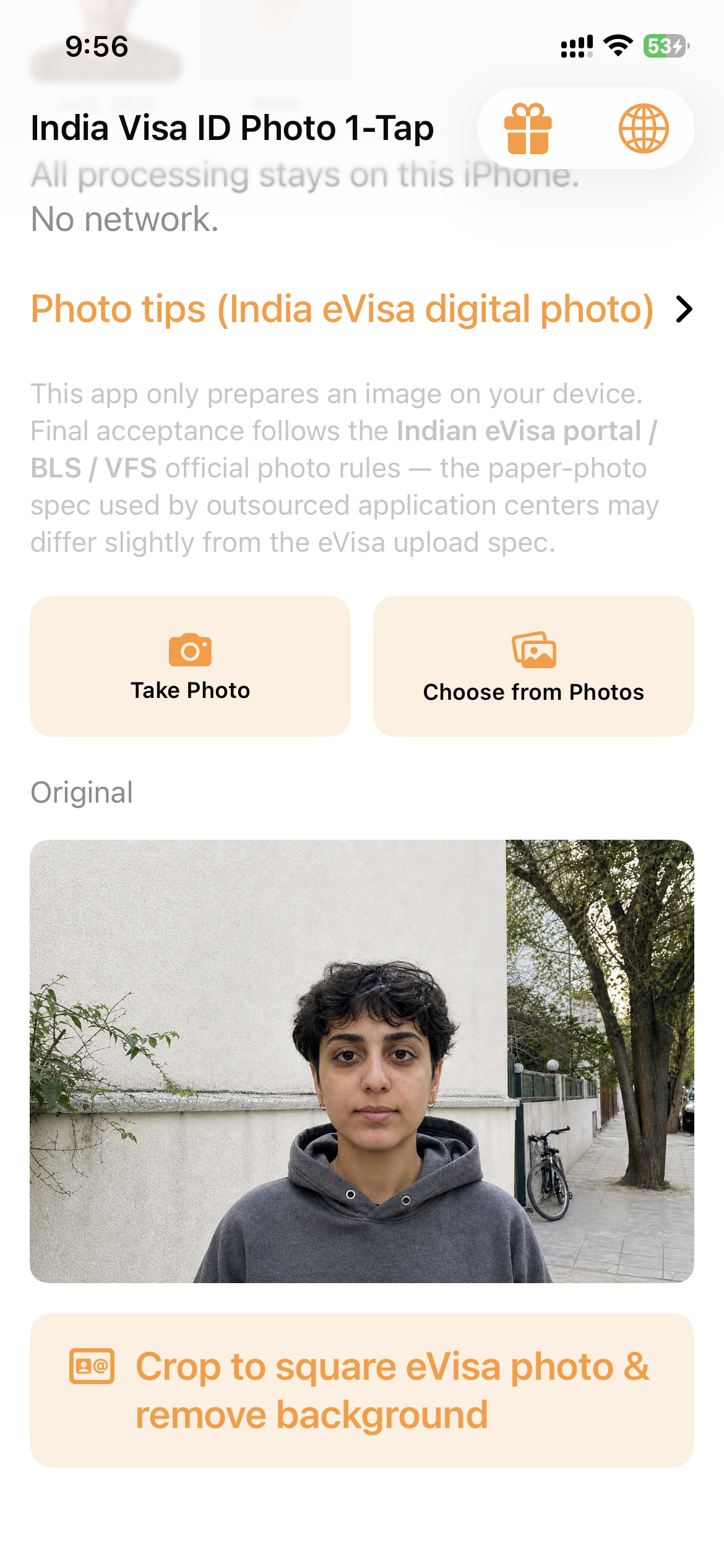 India Visa ID Photo 1-Tap: home screen with Take Photo / Choose from Photos
