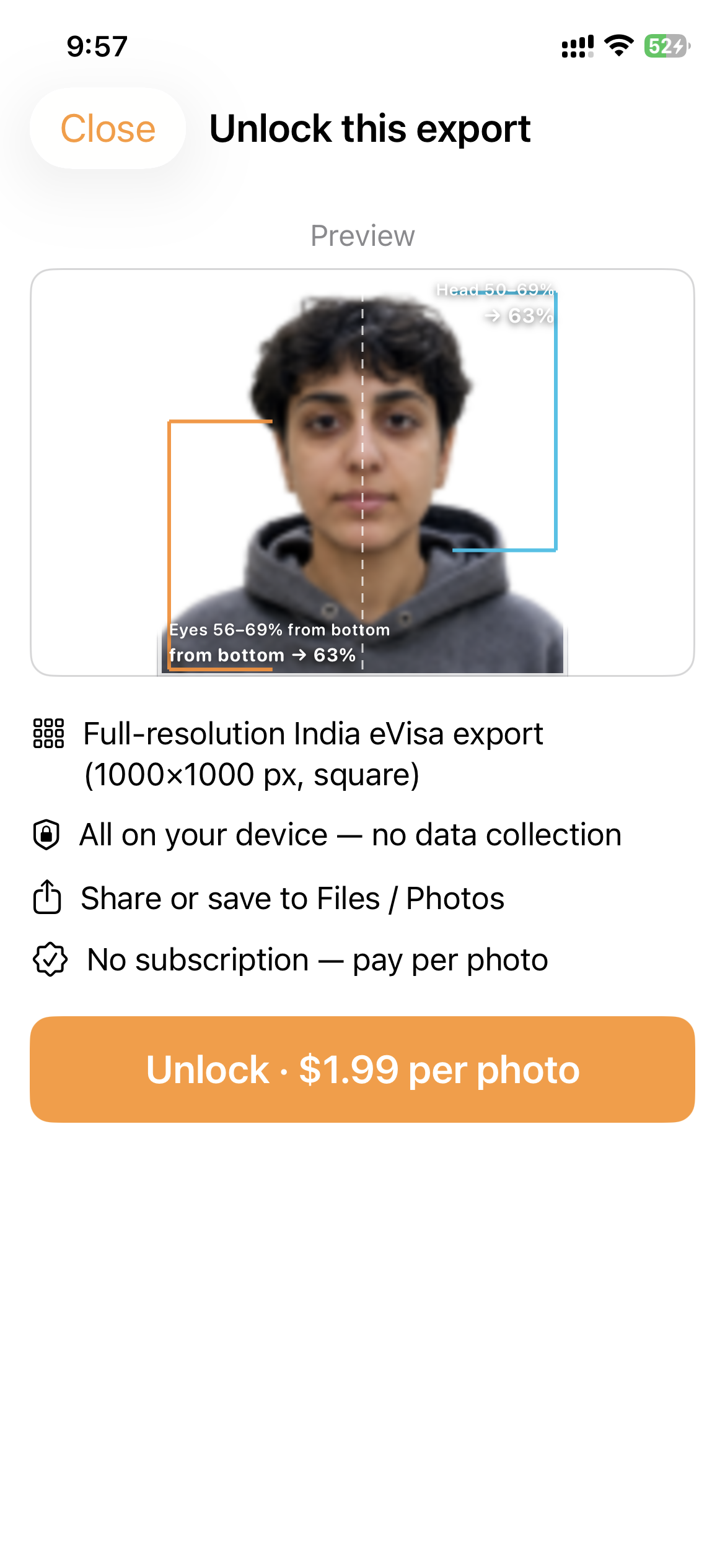 Unlocked portrait with Share, Rate, Review, Download and Start over
